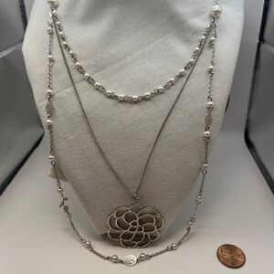 Madewell Triple Strand Necklace with Faux Pearls and silver tone flowers